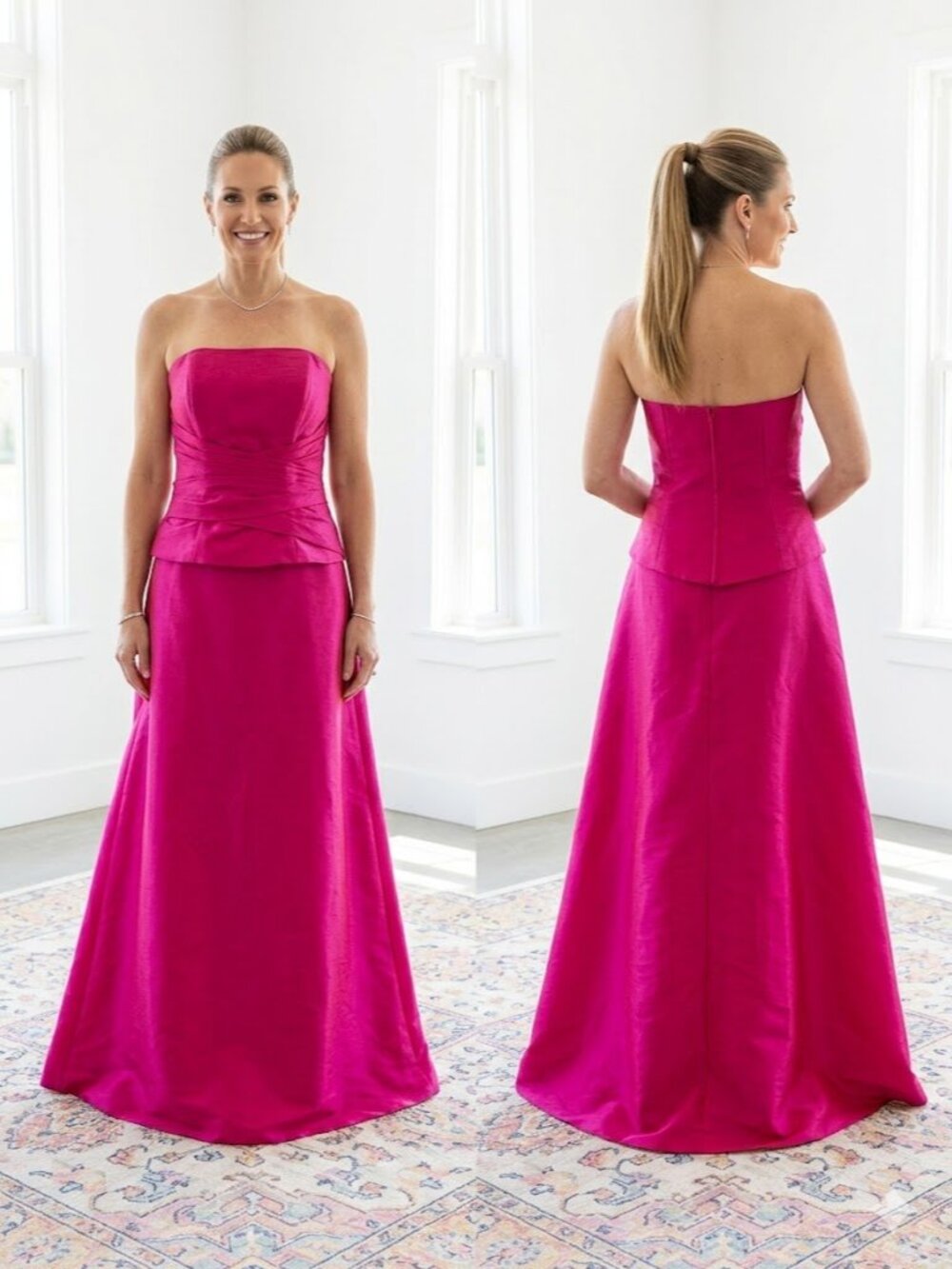 💖 NWT MORI LEE  2-Piece Barbie Pink SATIN PROM Maxi & Top Set + Straps Size 12